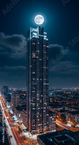 Tall Modern Skyscraper Rising Under Full Moon in Night City Skyline