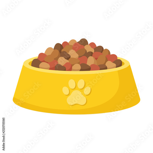 Yellow pet food bowl filled with crunchy dry brown kibble for a dog or a cat Vector