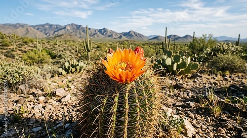 Orange Flowering Barrel Cactus Blooming in Rocky Desert Landscape