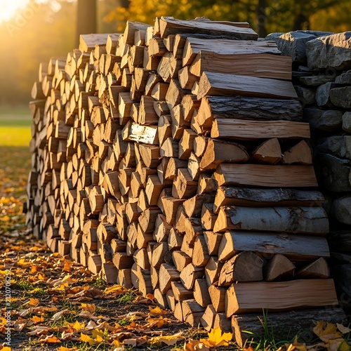 Neatly Stacked Split Firewood Resting Beside Stone Wall in Autumn Sunlight