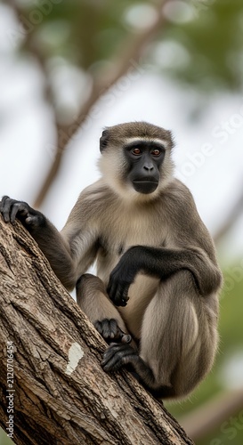 Alert Gray Monkey Sitting on Tree Trunk in Natural Forest Habitat