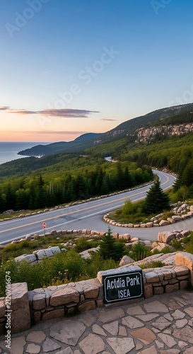 Scenic Mountain Road Curving Through Forest at Acadia Park Overlook