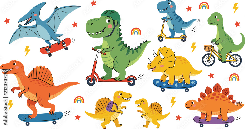 Fototapeta premium Cute cartoon dinosaurs riding skateboards, scooters, and bicycles vector element set featuring tyrannosaurus rex, triceratops, stegosaurus, pterodactyl, and spinosaurus characters for kids.