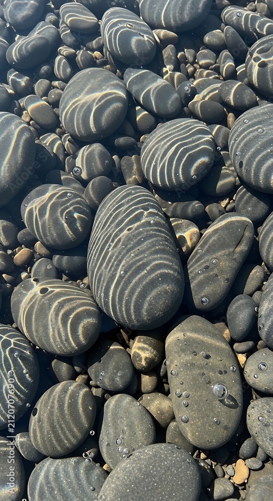 Obraz premium Smooth Wet Pebbles with Sunlight Ripples on Shallow Beach Shore