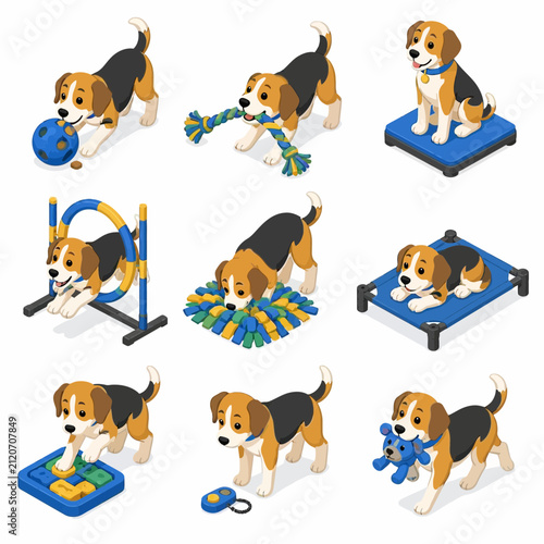 Isometric Beagle puppy vector illustration set featuring nine dog training and play activities including agility hoop jumping, snuffle mat sniffing, puzzle feeders, rope toy, and resting on a bed.