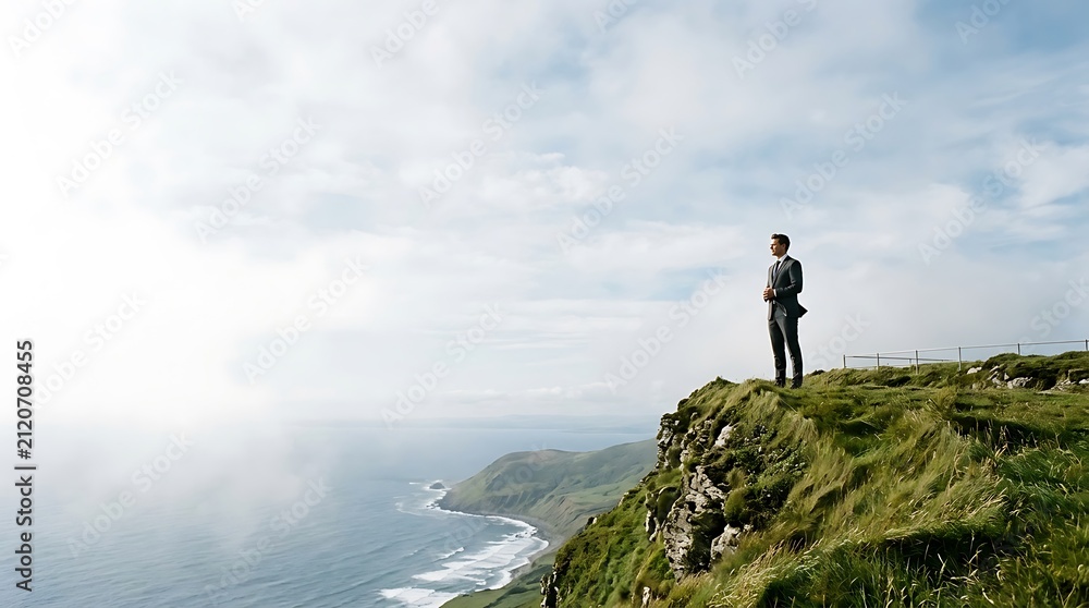 Obraz premium Businessman stands on the edge of a cliff overlooking the ocean.