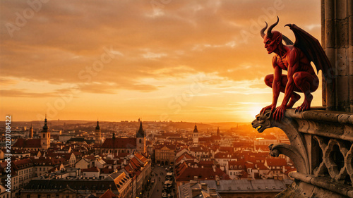 Red demon statue perched on cathedral roof overlooking city at sunset. Gothic gargoyle sculpture. Halloween holiday concept, horror creature, fantasy dark atmosphere, urban skyline.