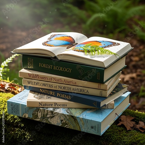 Colorful Butterfly Resting on Open Nature Book Stack in Mossy Forest