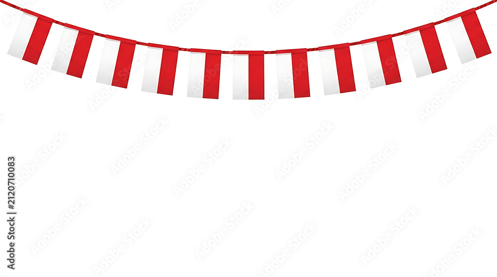 Fototapeta premium Festive Indonesian flag bunting garland for independence day celebration featuring red and white pennants on white background
