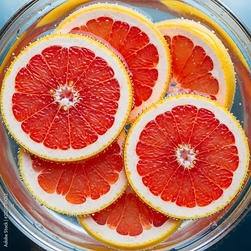 Fresh Red Grapefruit Slices Floating in Sparkling Water in Glass Bowl