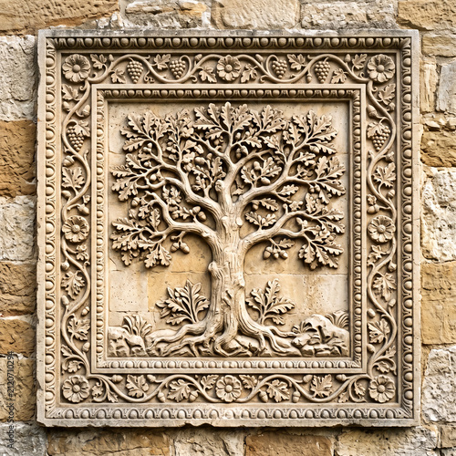 stone decorative plaque featuring a relief carving of a tree with decorative border