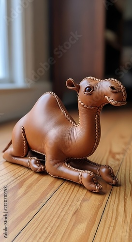 Brown Leather Camel Figurine Resting on Wooden Floor Indoors
