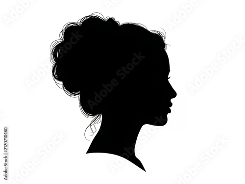 Black silhouette of a woman profile with messy bun hair isolated on white background