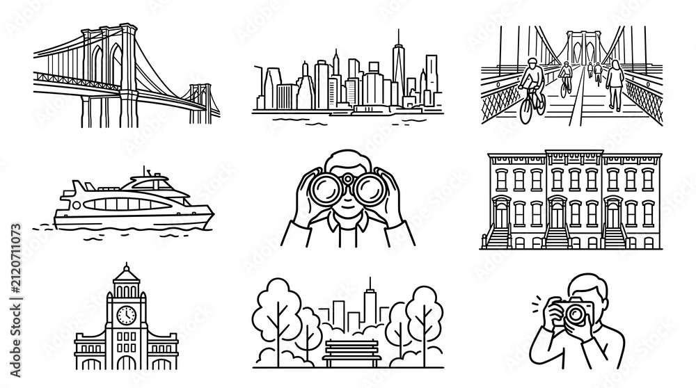 Fototapeta premium brooklyn bridge vector icon set line art illustration of american metropolis cityscape downtown skyline ferry boat park camera tourism travel destination graphic design element