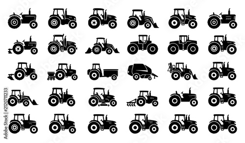 Agricultural Farm Tractor and Industrial Machinery Silhouette Icon Set Featuring Modern Harvesting Vehicles with Attachments for Graphic Design Layouts