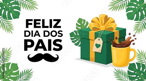 Feliz Dia dos Pais greeting card with gift box and coffee, Portuguese Father's Day celebration banner, tropical monstera leaves and mustache illustration