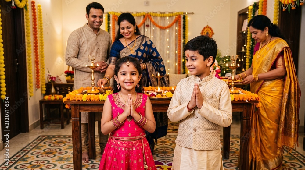 Obraz premium Indian family celebrating diwali festival