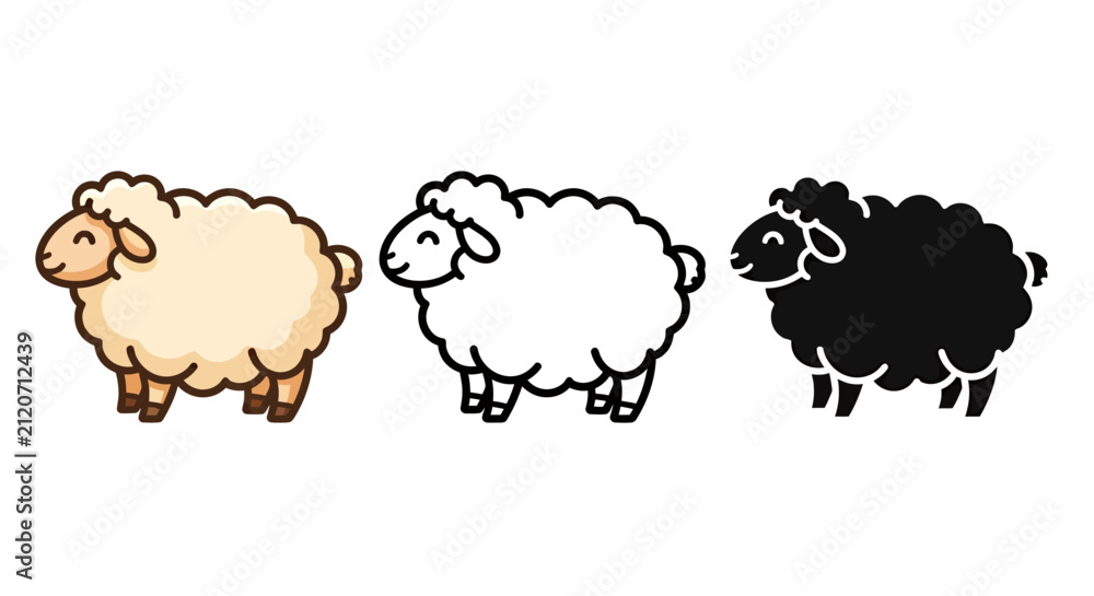 Obraz premium Three cartoon sheep in different colors standing together.