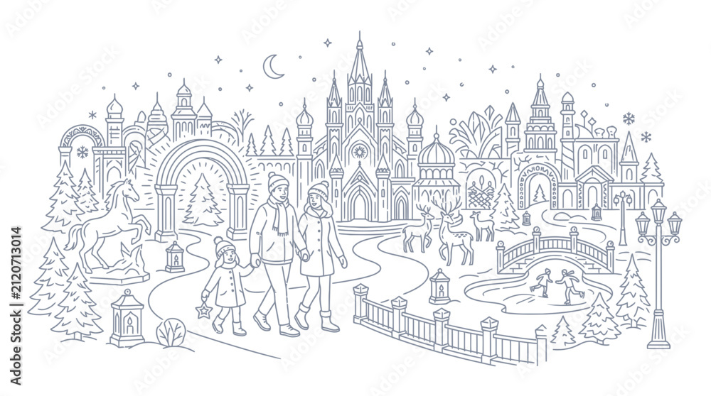 Naklejka premium Winter City Park Christmas Illustration