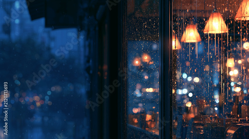 雨滴が伝う窓越しに街の明かりが滲む夜カフェのアニメ風コピースペース背景