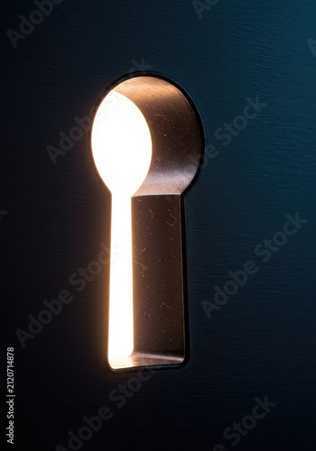 A narrow view through a metallic keyhole showing a bright, inaccessible light, symbolizing robust security and restricted access to confidential information ,safeguard ,firewall ,authorized