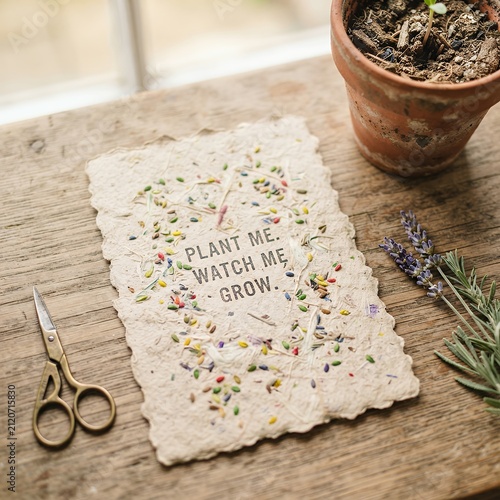 Handmade Seed Paper Card with Lavender and Scissors on Wooden Table.