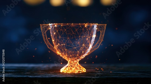Glowing wireframe trophy cup on dark background. Futuristic 3D award design with neon highlights for digital success.