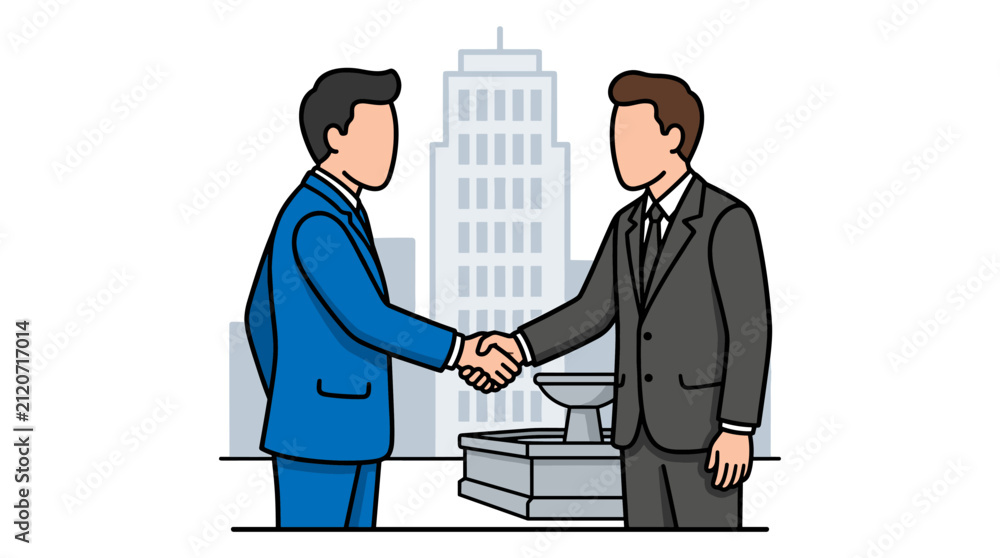Fototapeta premium Two businessmen shaking hands in front of city office buildings