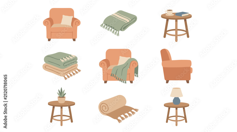 Fototapeta premium Comforting Armchair Setup Vector Icon Sheet with Blankets, Side Tables, Plant, and Lamp, Cozy Home Decor Elements