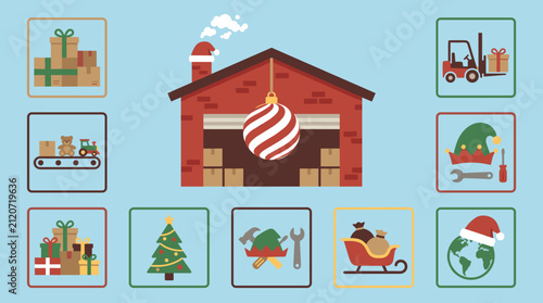 Christmas Warehouse Icon Set with Gifts, Toys, Santa's Sleigh, and Festive Elements, Flat Design Vector Illustration