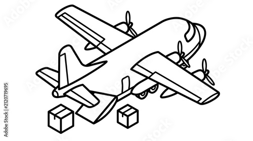 Isometric Cargo Plane Illustration with Dropping Packages, Black and White Line Art Coloring Page, Vector Graphic