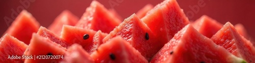 Juicy red watermelon slice, seeds visible, on a pile of watermelon chunks, red color, delicious, watermelon