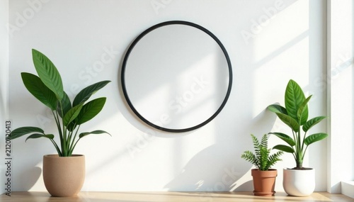 Modern white wall, round black framed mirror, potted plants , greenery, plant pot, contemporary