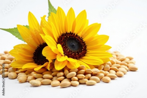 Numerous sunflower seeds piled, pure white backdrop ,  macro,  texture