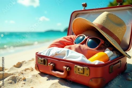 Open suitcase overflowing with tropical attire, sunglasses, sunscreen on sandy beach, getaway, flip-flops