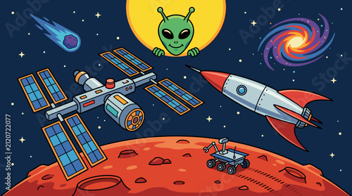 Cartoon Space Scene with Alien, Rocket, Space Station, Rover on Mars, and Galaxy, Flat Vector Illustration