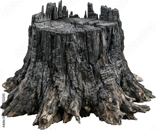 A charred wooden stump with deep cracks and jagged burnt edges showing detailed bark texture displaying dramatic black and grey coloration from fire damage and decay tree