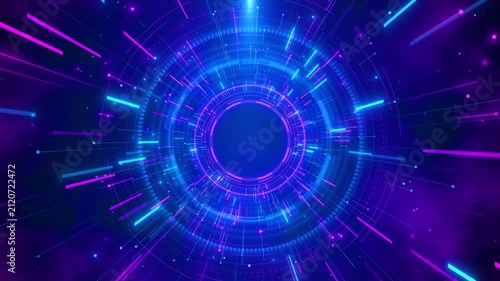 Blue and pink circular interface rings surround an open center, creating a bold futuristic portal with glowing markers for 19, data, cyber security, artificial intelligence, and digital media.