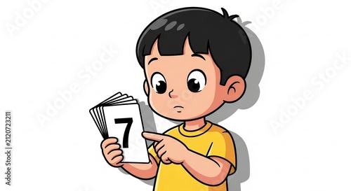 Curious Child with Number Seven Card: A young boy, with a look of contemplation on his face, points to a card displaying the number seven, amidst a stack of cards.