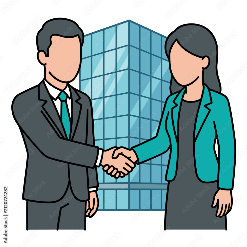 Obraz premium Businessman and businesswoman shaking hands outside office
