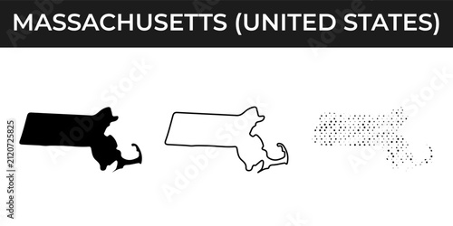 Massachusetts map silhouettes outline the state boundaries in different artistic graphic visual styles.