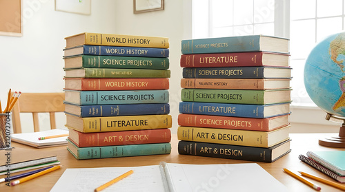 Tall stack of educational books on a desk.