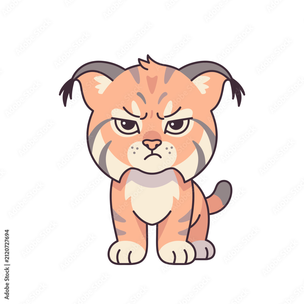 Obraz premium Cute angry lynx cub character with grumpy facial expression