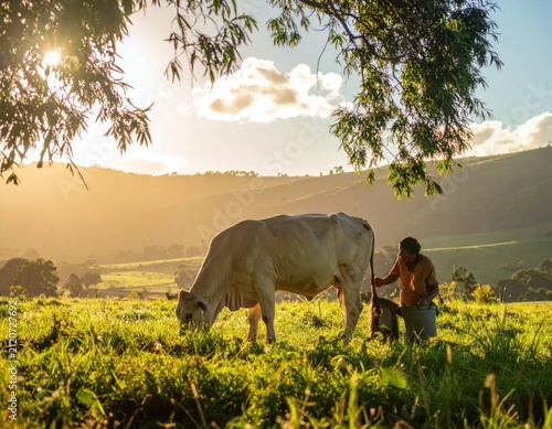 Cow grazing in a field with farmer at sunset.