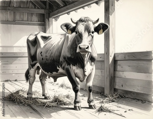 Cow illustration in rustic barn.