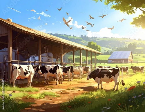 Dairy cows grazing near a wooden barn under sunny sky.