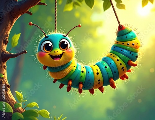 Cute cartoon caterpillar hanging from a tree branch