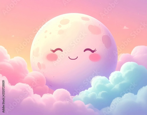 Cute smiling moon character in pastel cloud sky.