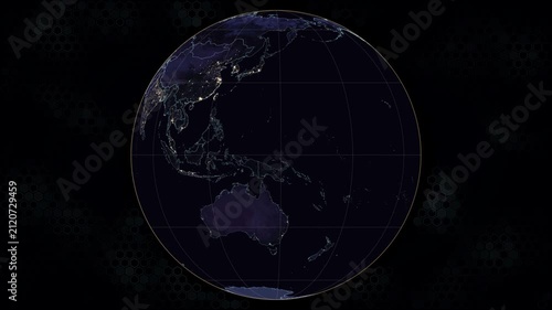 Orthographic world map animation. Rotating globe with glowing city lights, cyan borders, amber graticule. Animated hexagon background. Seamless loop. 4K resolution. Night view.