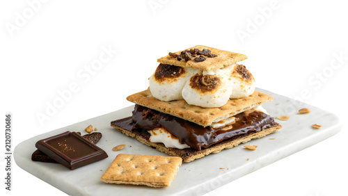 S'mores sandwich sits on a marble serving board next to a square of dark chocolate and a graham cracker piece to create a delicious campfire dessert treat for a summer party in the backyard kitchen.